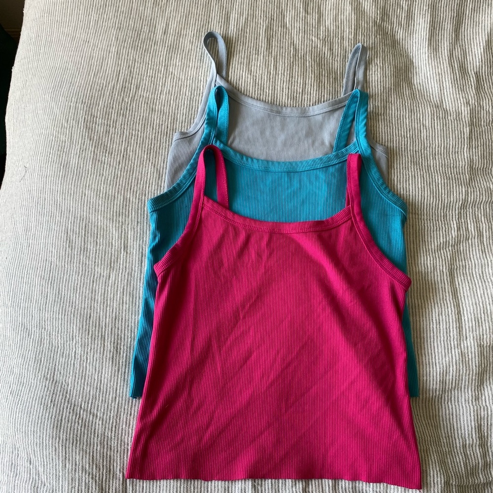 Set of Three Ribbed Tank Tops - Pink, Blue, Light Blue